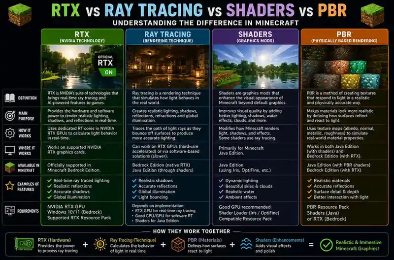 RTX vs Ray Tracing vs PBR Minecraft RTX texture packs 2026